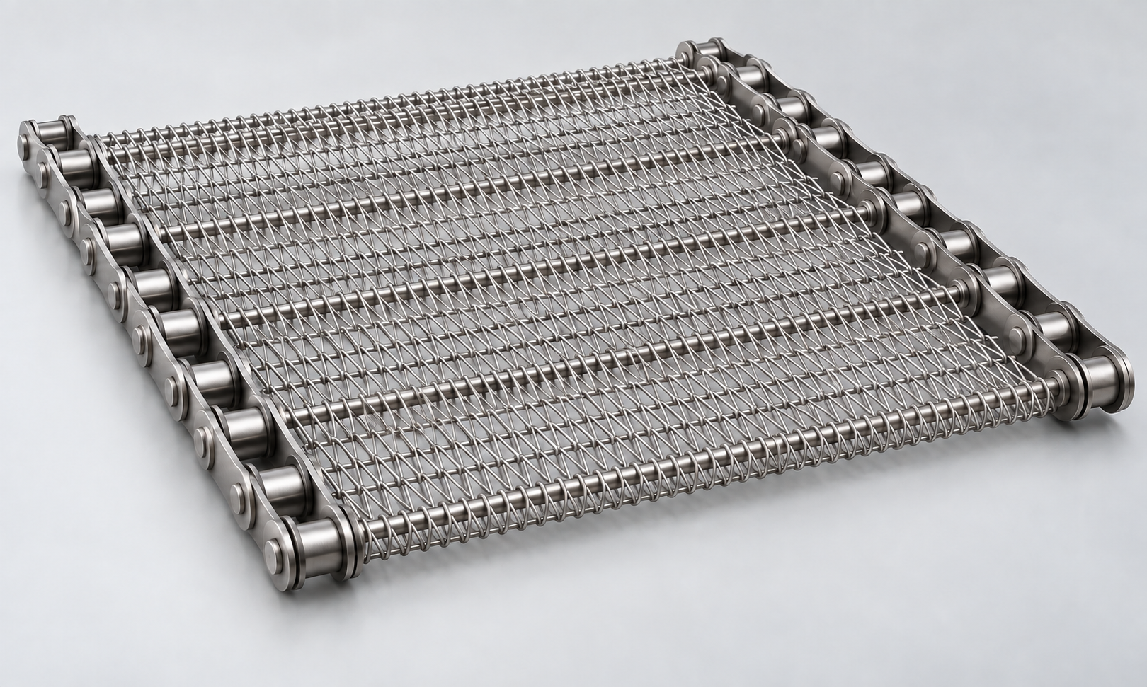 Illustrative configuration of a chain-driven wire mesh conveyor belt, showing side chains, transverse rods and a continuous metal mesh surface