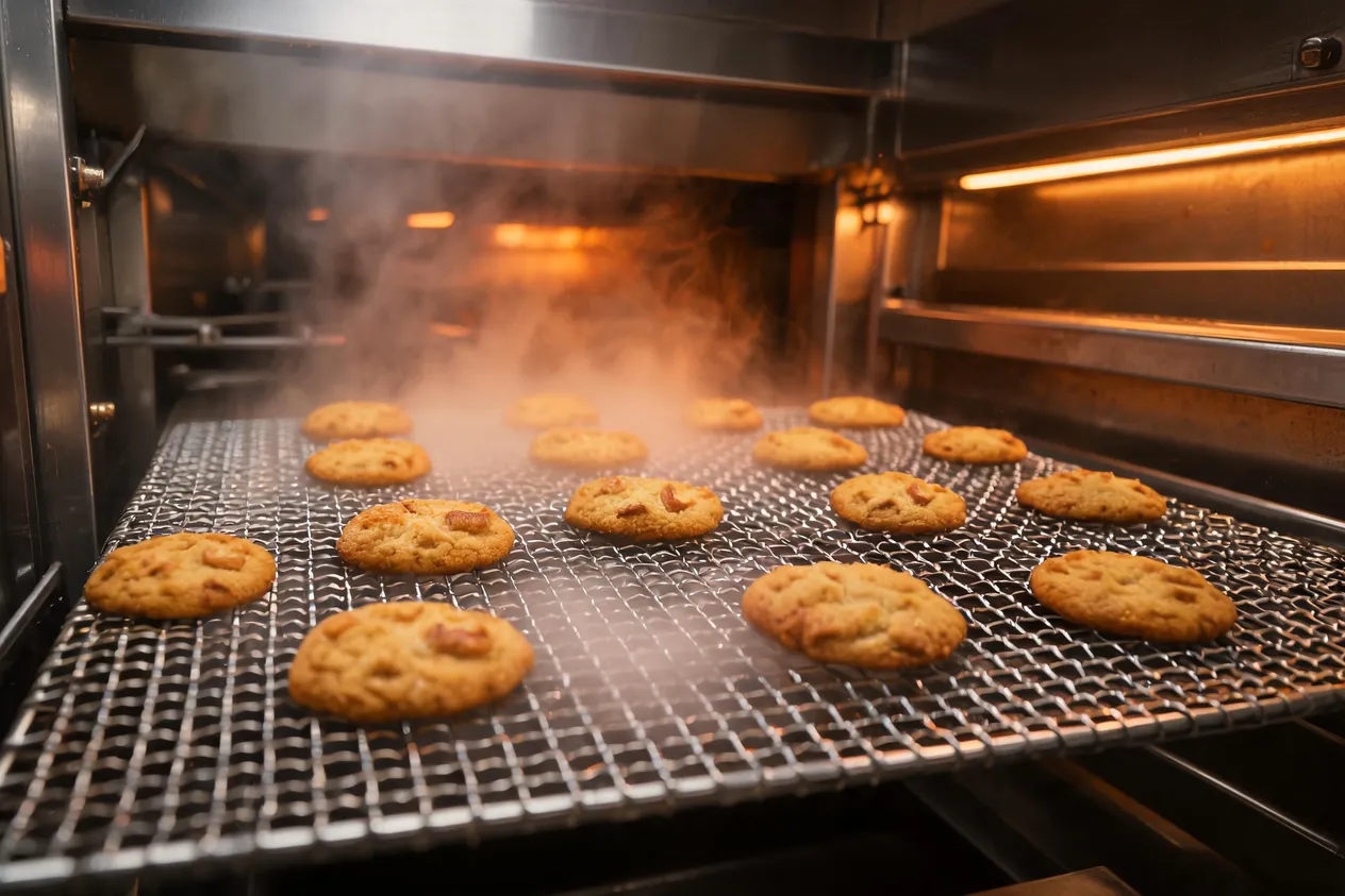 Biscoitos dourando de forma irregular na esteira do forno
