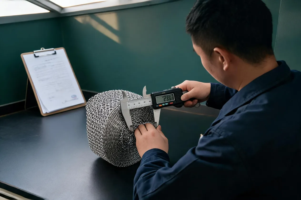 Inspector checking woven mesh roll with a caliper on a light table