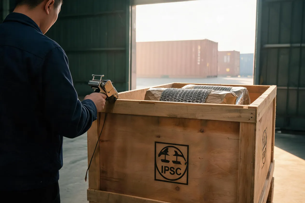 Wire mesh rolls packed in wooden crates for export loading